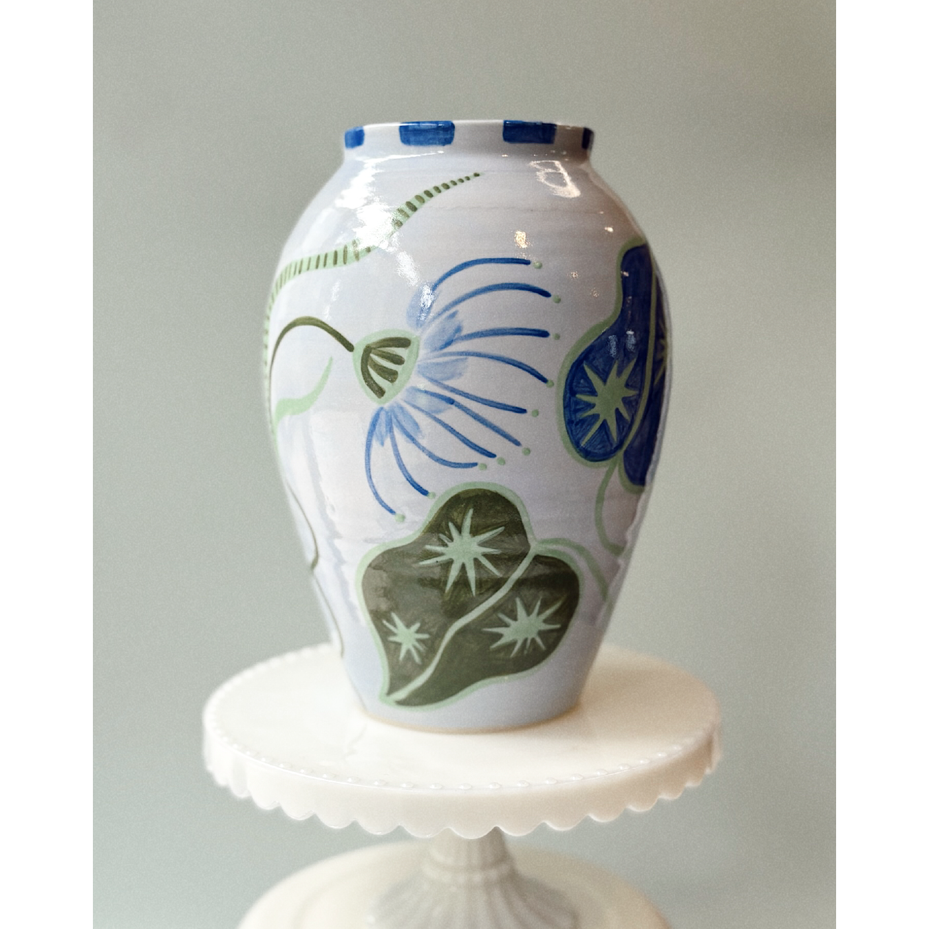 Blue Floral Vase - Checkered Rim