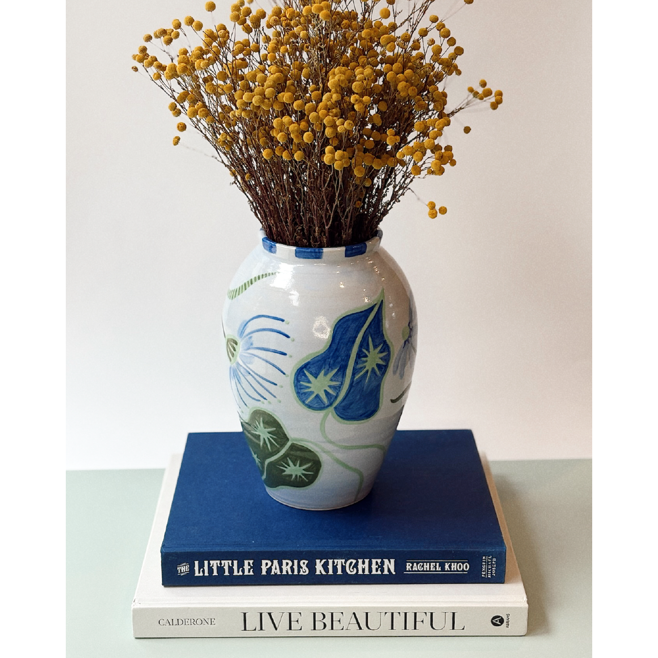 Blue Floral Vase - Checkered Rim
