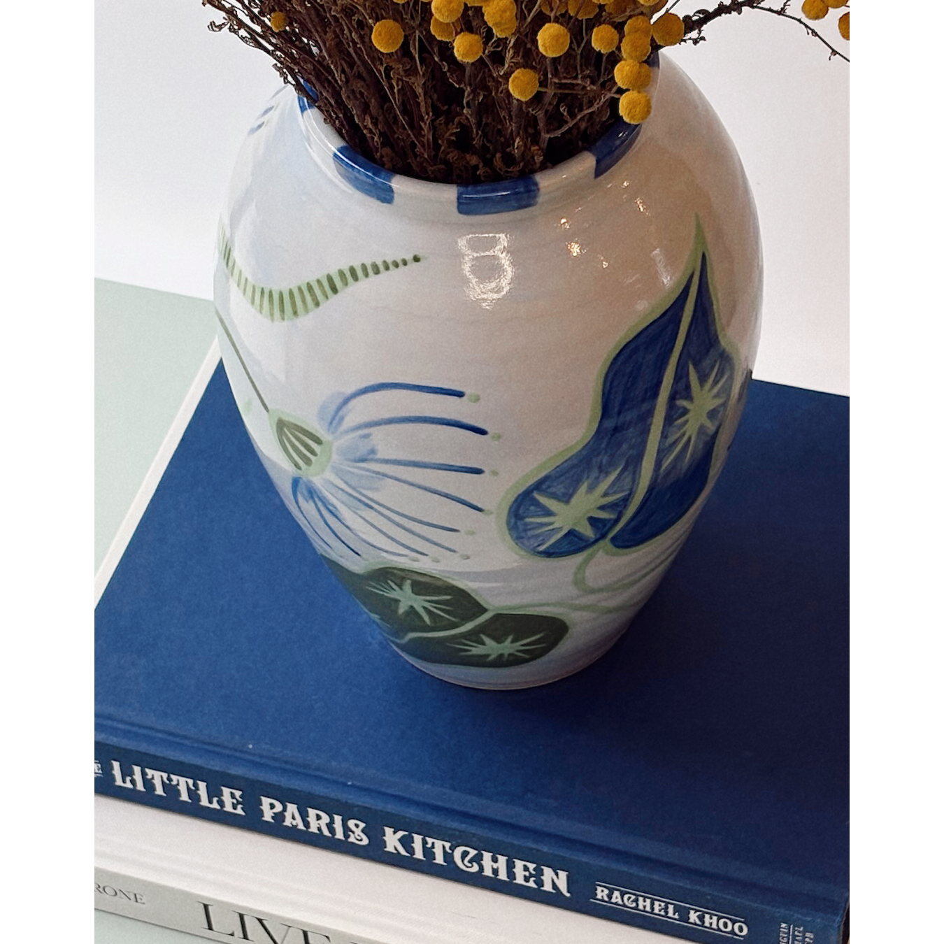 Blue Floral Vase - Checkered Rim