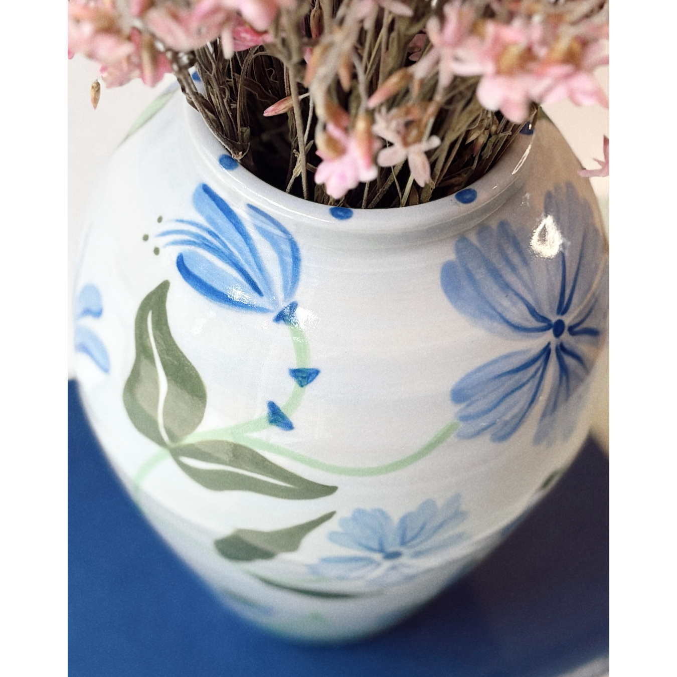 Blue Floral Vase - Spotty Rim