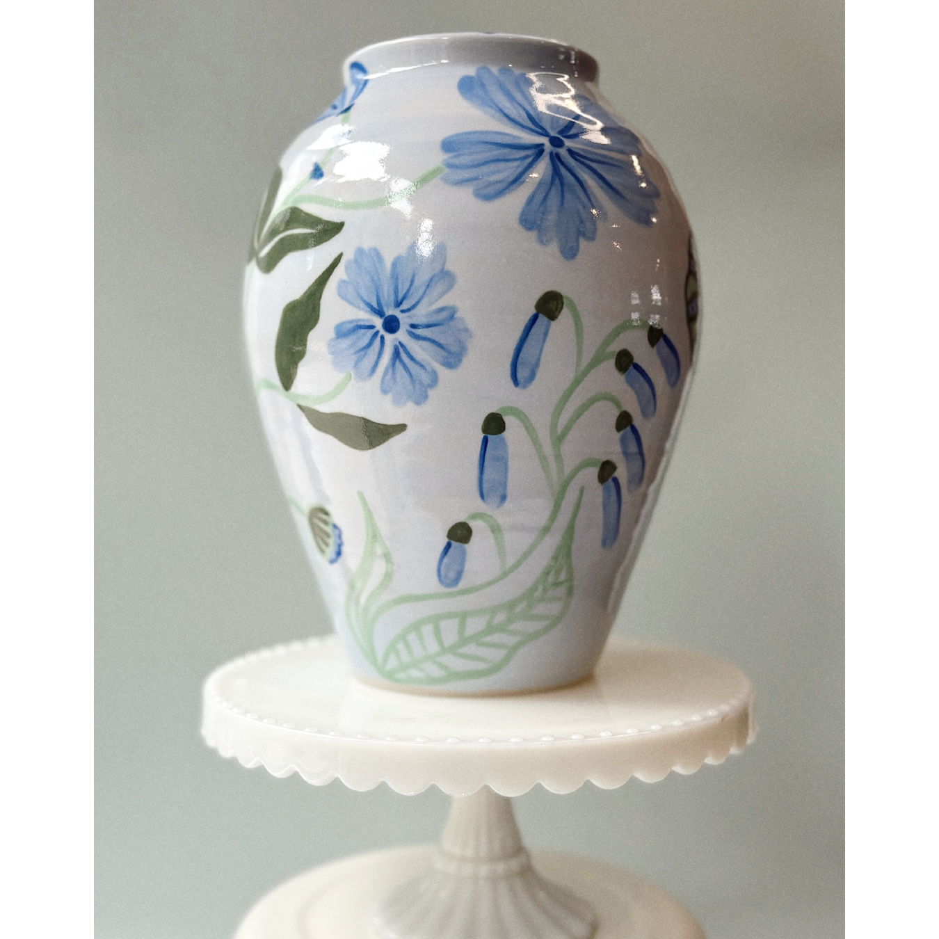 Blue Floral Vase - Spotty Rim