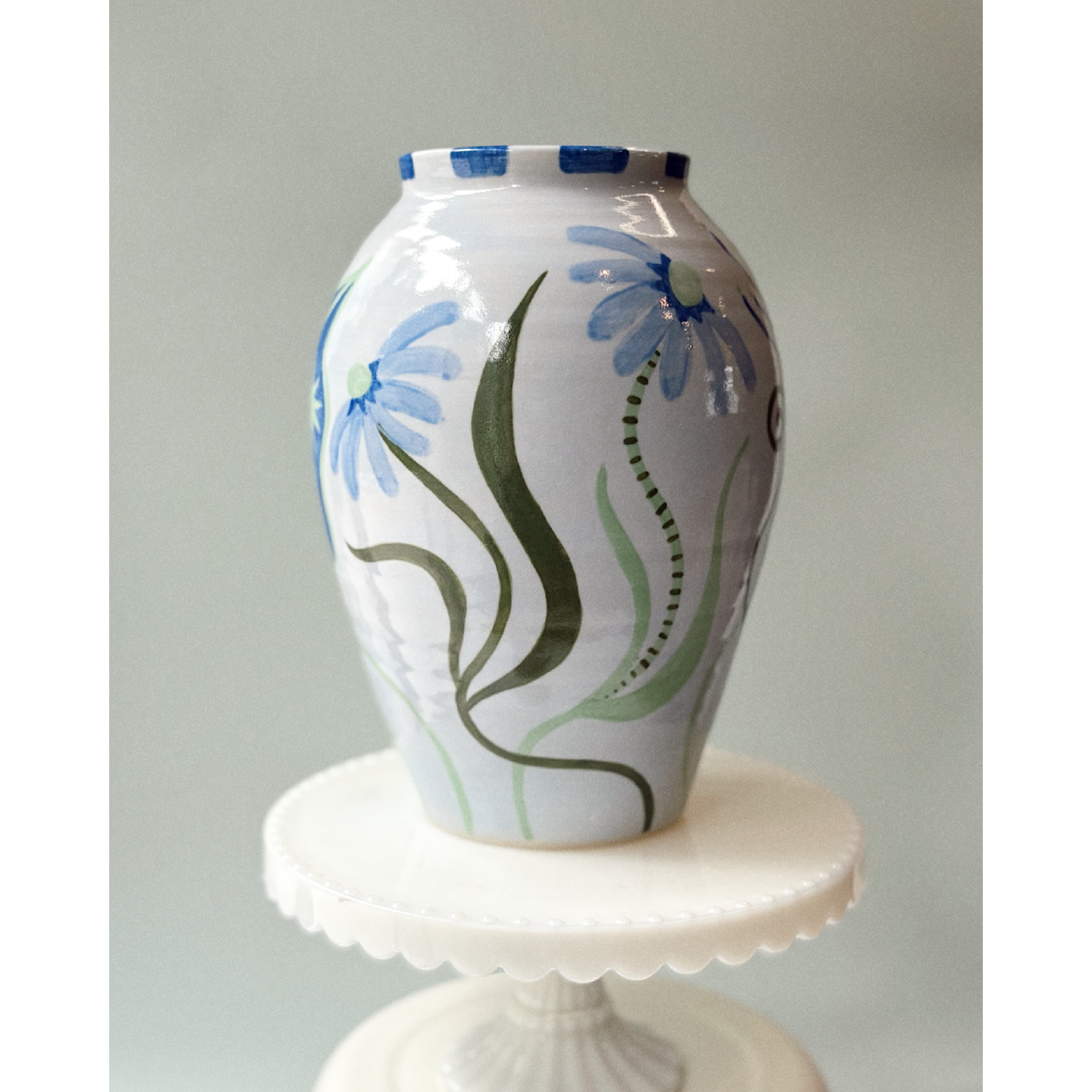 Blue Floral Vase - Checkered Rim